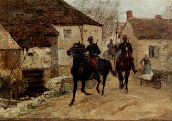 French Soldiers On Horseback In A Village Oil Painting by Raymond Desvarreux