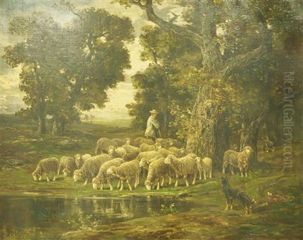 Berger Et Ses Moutons Au Bord D'une Mare Oil Painting by James Desvarreux-Larpenteur