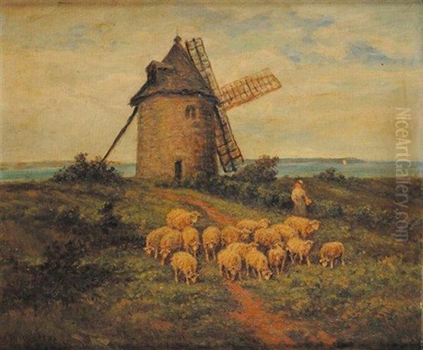 Troupeau Devant Le Moulin Oil Painting by James Desvarreux-Larpenteur