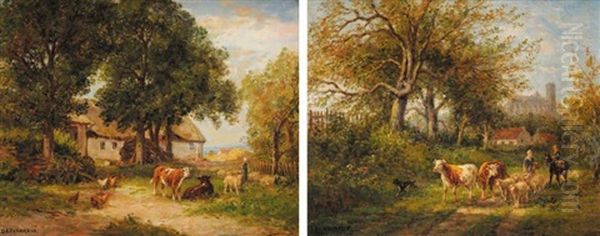 Scenes Champetres (pair) Oil Painting by James Desvarreux-Larpenteur