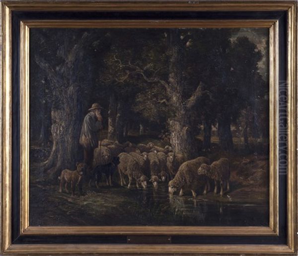 Shepherd With A Flock At A Wooded Stream Oil Painting by James Desvarreux-Larpenteur