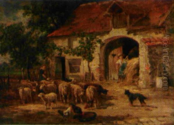 Troupeau De Moutons Dans La Cour De La Ferme Oil Painting by James Desvarreux-Larpenteur