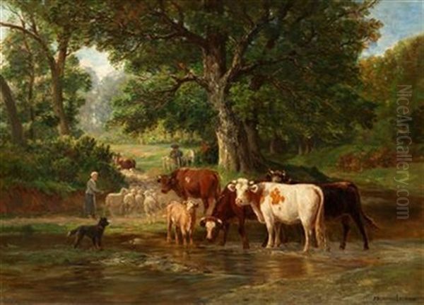 Cattle And Sheep Fording A River Oil Painting by James Desvarreux-Larpenteur