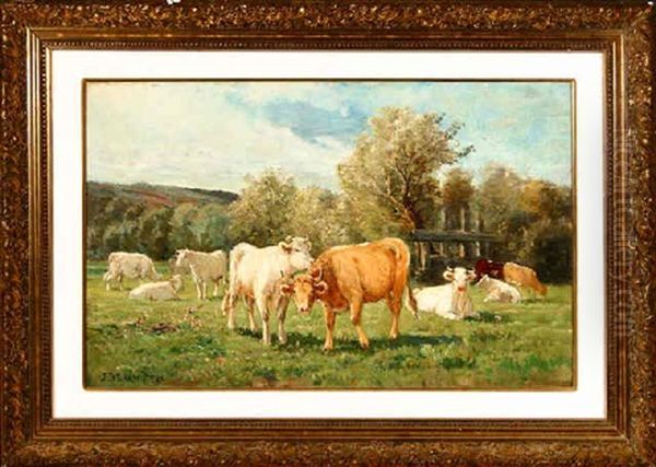 Cows At Rest In Landscape Oil Painting by James Desvarreux-Larpenteur