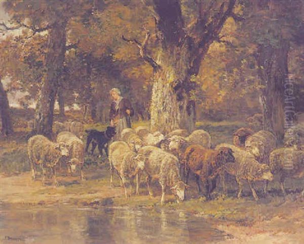 A Pastoral Landscape With Shepherdess And Her Flock Oil Painting by James Desvarreux-Larpenteur