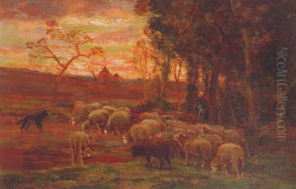 Sheep Grazing At Sunset Oil Painting by James Desvarreux-Larpenteur