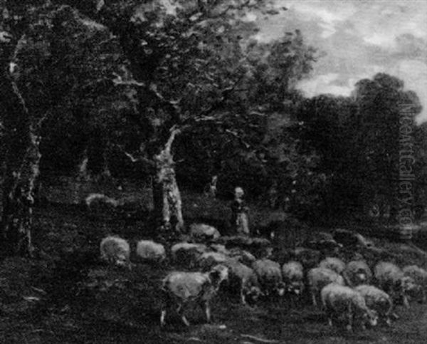 Shepherdess And Flock Oil Painting by James Desvarreux-Larpenteur