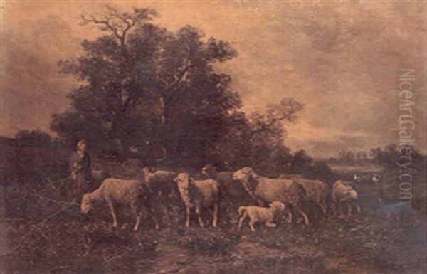 A Pastoral Landscape With A Shepherdess And Her Flock And A Sheepdog Keeping Watch Oil Painting by James Desvarreux-Larpenteur