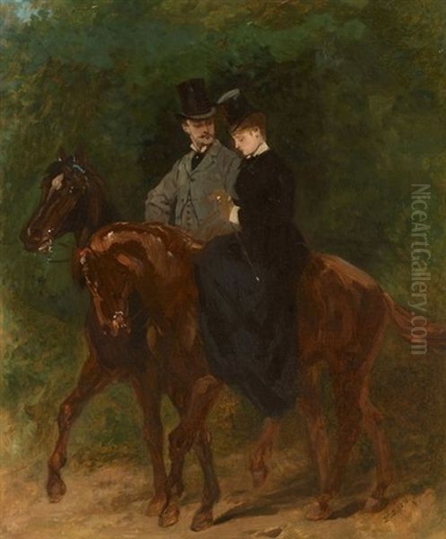 Couple D'elegants A Cheval Oil Painting by Edouard Jean Baptiste Detaille