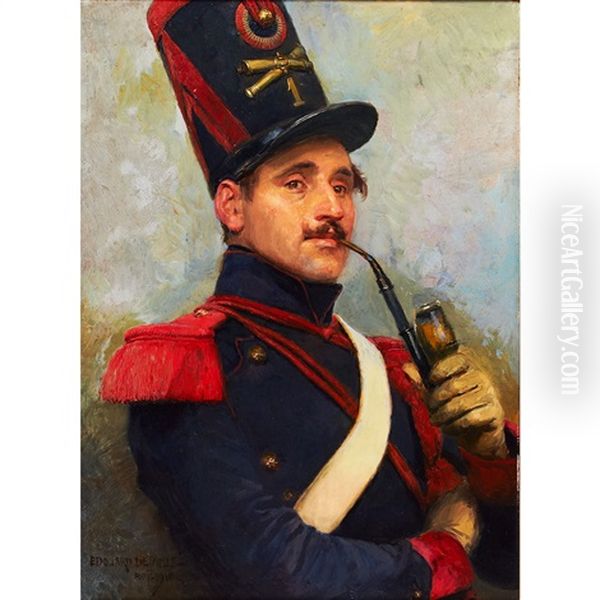 Officer Of The French Horse Artillery Smoking A Pipe Oil Painting by Edouard Jean Baptiste Detaille