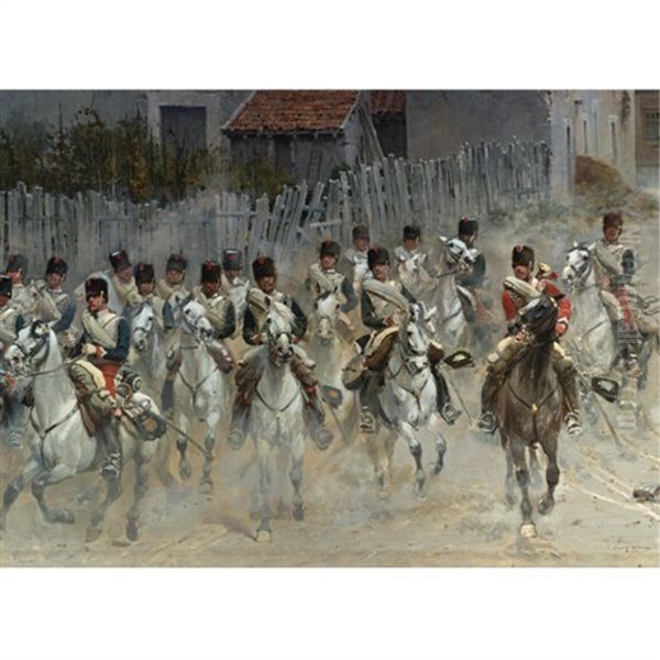 Chasseurs De La Garde - A Fragment Of The Panorama De Rezonville Oil Painting by Edouard Jean Baptiste Detaille