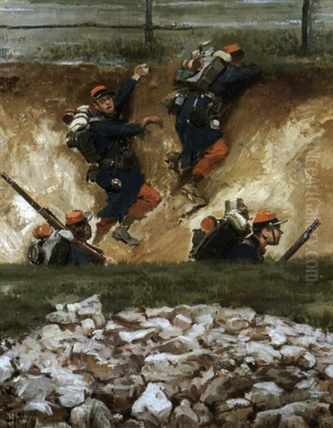 Guerre De 1870 Bataille De Champigny (collab. W/alphonse De Neuville; Fragment Of Panorama) Oil Painting by Edouard Jean Baptiste Detaille