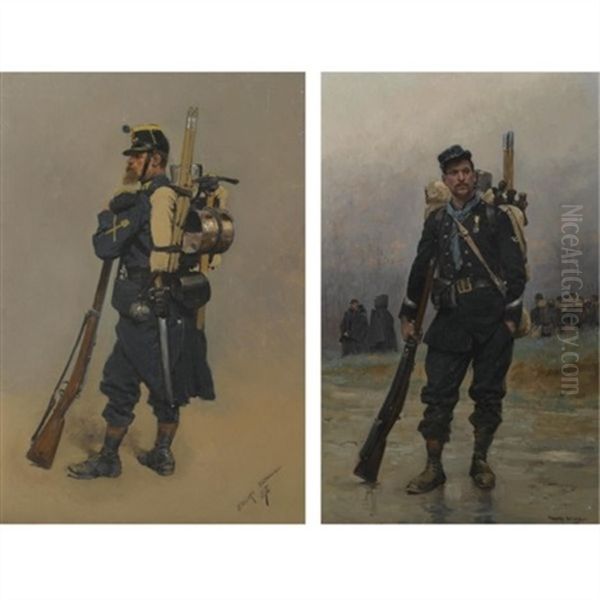 Un Soldat De L'infanterie (+ Un Soldat Avec Son Equipement, Larger; 2 Works) Oil Painting by Edouard Jean Baptiste Detaille