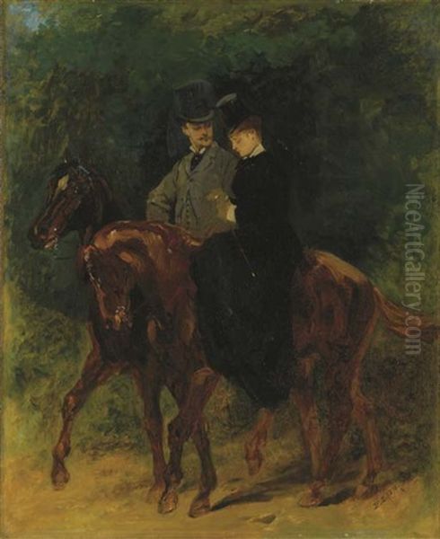 La Promenade A Cheval Oil Painting by Edouard Jean Baptiste Detaille