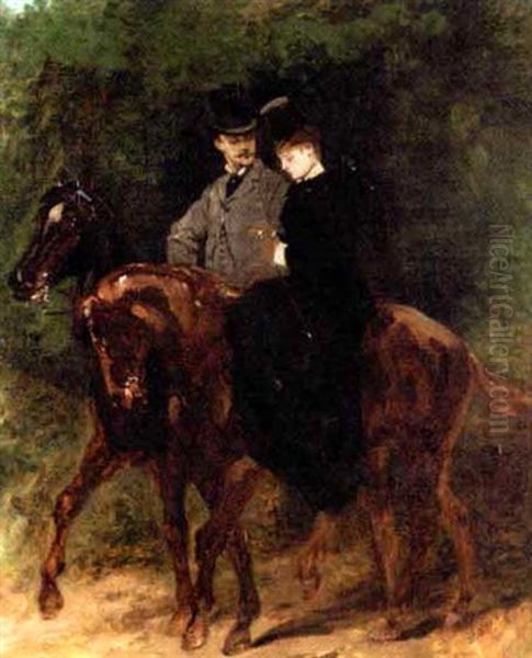 A Couple Out Riding Oil Painting by Edouard Jean Baptiste Detaille