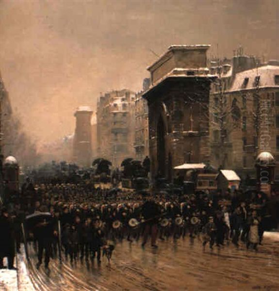 Le R,giment Qui Passe - Paris, Decembre 1874 (the Passing Regiment) Oil Painting by Edouard Jean Baptiste Detaille