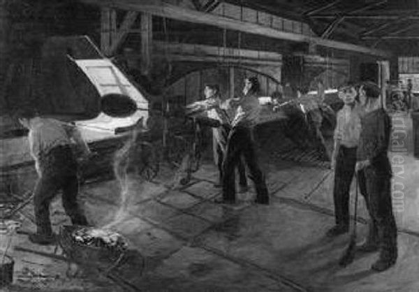 Arbeiter In Der Stahlfabrik Oil Painting by Oscar Detering