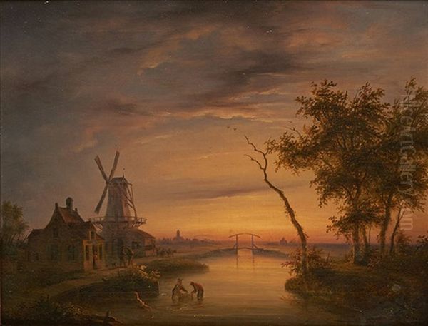 Coucher De Soleil Sur Le Pont Oil Painting by Eugene Napoleon Deterre