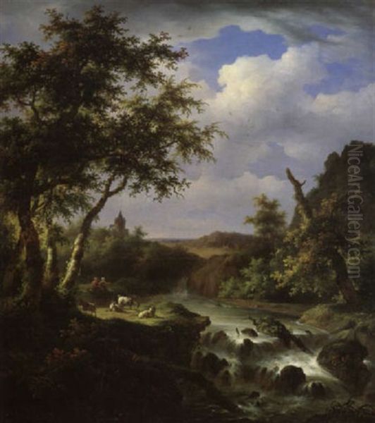 Mittelgebirgslandschaft Mit Wasserfall, Burg Und Hirtenstaffage Oil Painting by Eugene Napoleon Deterre