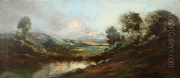 Lake In A Rolling Hills Landscape Oil Painting by Richard Detreville