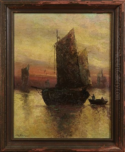 Ships In The Bay At Sunset Oil Painting by Richard Detreville