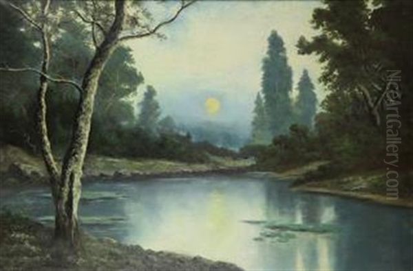 Moonlight On The Pond Oil Painting by Richard Detreville