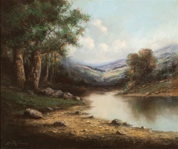 River Through A California Landscape With A Distant Field Of Wildflowers by Richard Detreville