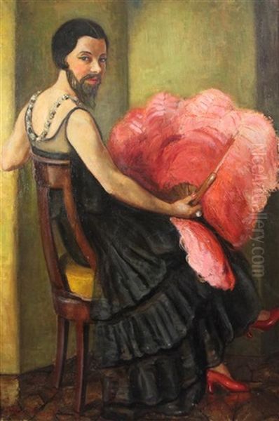 Portrait Of A Bearded Lady, Seated Holding An Ostrich Feather Fan Oil Painting by Helene Detroyat