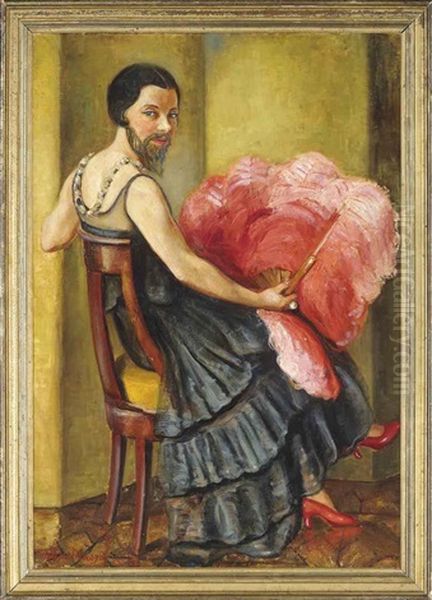 A Bearded Lady Holding An Ostrich Feather Fan by Helene Detroyat