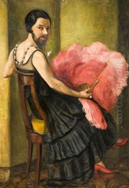 Femme A Barbe Tenant Un Eventail En Plumes D'autruche Oil Painting by Helene Detroyat