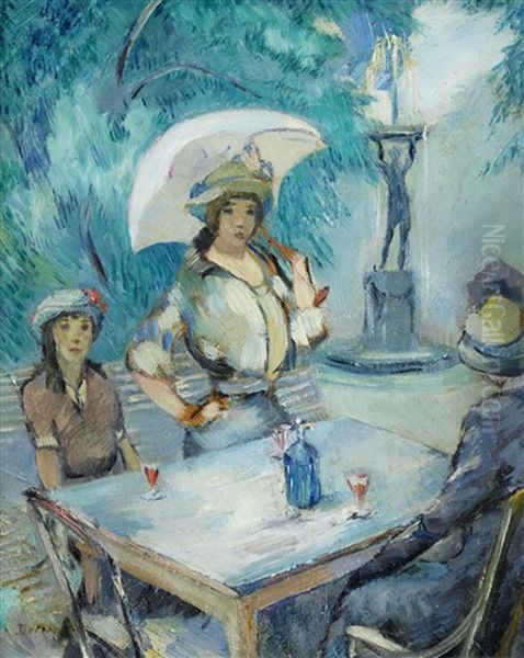 Fransk Cafeterrass (+ Damportratt; 2 Works) Oil Painting by Eric Detthow