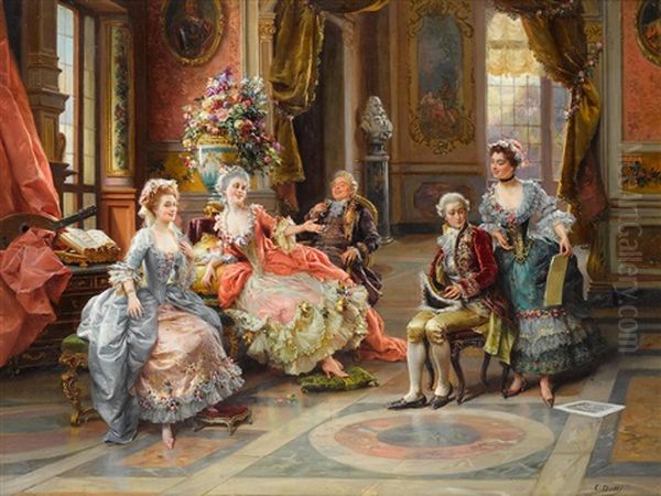 An Elegant Gathering Oil Painting by Cesare Auguste Detti