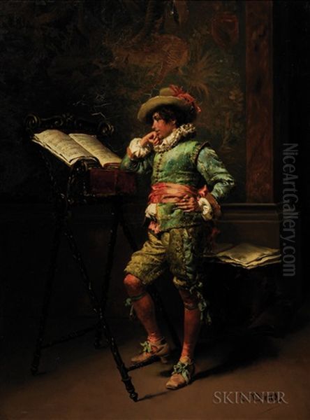 Cavalier Studying A Musical Score Oil Painting by Cesare Auguste Detti