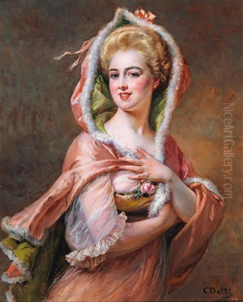 Young Woman In Fur Trimmed Cape Oil Painting by Cesare Auguste Detti