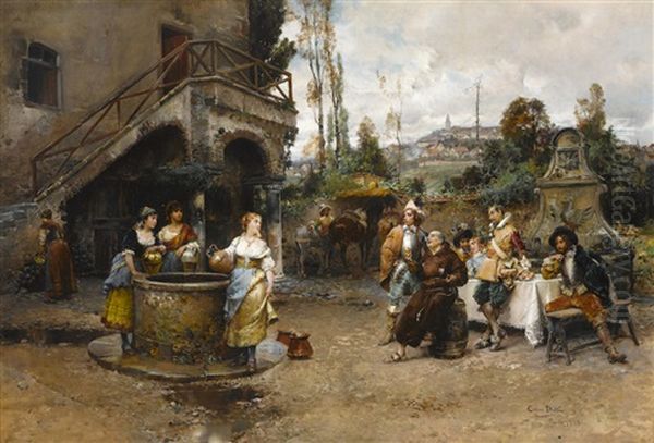 A Conversation At The Well Oil Painting by Cesare Auguste Detti