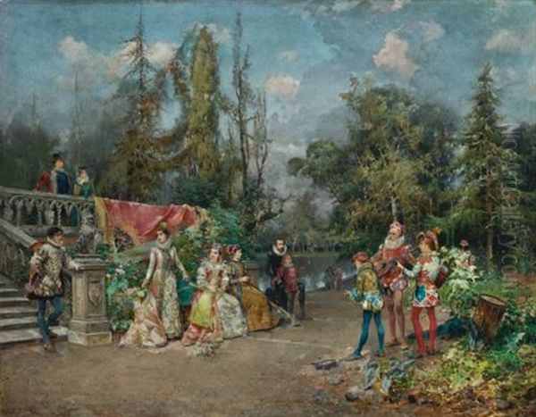 Venetian Court, Minstrel Scene Oil Painting by Cesare Auguste Detti