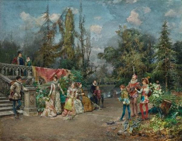 Venetian Court, Minstrel Scene Oil Painting by Cesare Auguste Detti