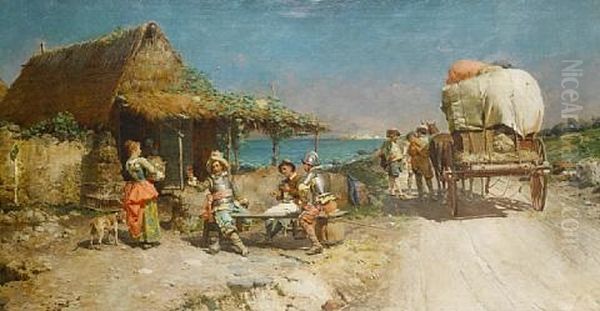 Refreshments At A Wayside Inn Oil Painting by Cesare Auguste Detti