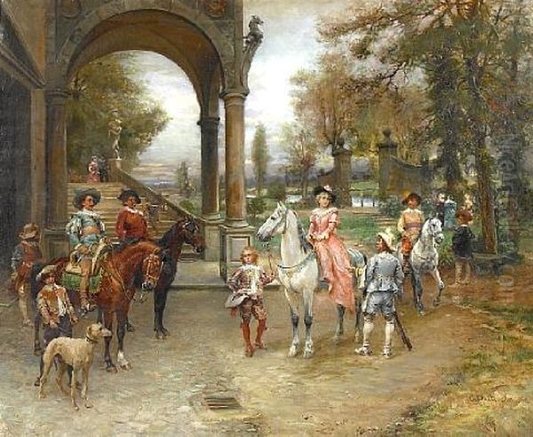 Elegant Figures Being Announced In A Courtyard Oil Painting by Cesare Auguste Detti