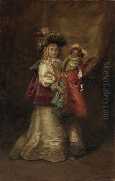 Madchen In Historischem Kostum Mit Ihrer Puppe Oil Painting by Cesare Auguste Detti