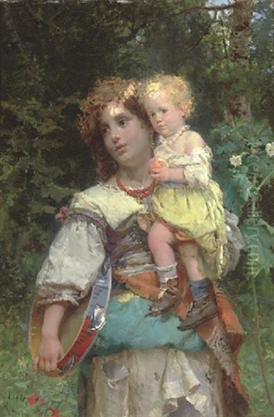 A Tambourine Girl And Her Child In A Woodland Glade by Cesare Auguste Detti