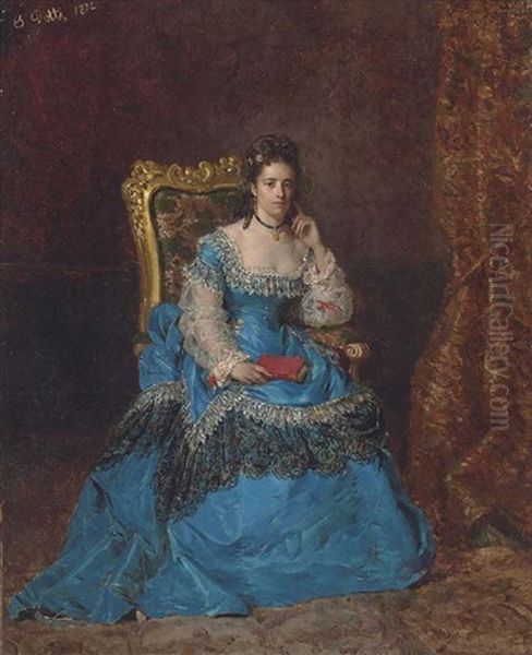 Marie Pauline, A Duchess, In An Ultramarine Silk Dress With Lace Trim, Seated In An Ornate Gilded Chair Oil Painting by Cesare Auguste Detti