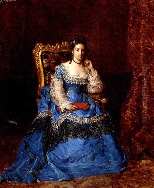 Duchesse Marie Pauline, In An Ultramarine Silk Dress, Seated In An Ornate Gilded Chair Oil Painting by Cesare Auguste Detti