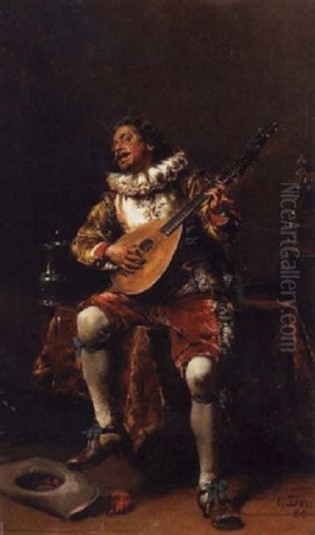 A Cavalier Playing A Lute Oil Painting by Cesare Auguste Detti