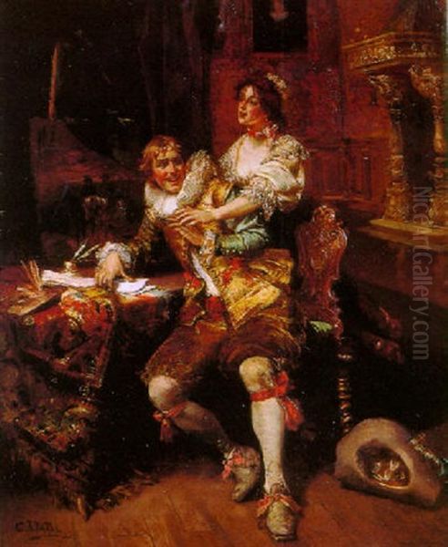 A Studio Flirtation Oil Painting by Cesare Auguste Detti