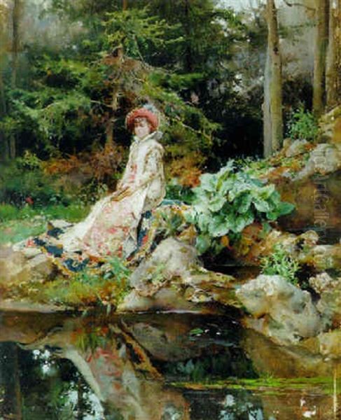 A Summer Day By The Pond Oil Painting by Cesare Auguste Detti