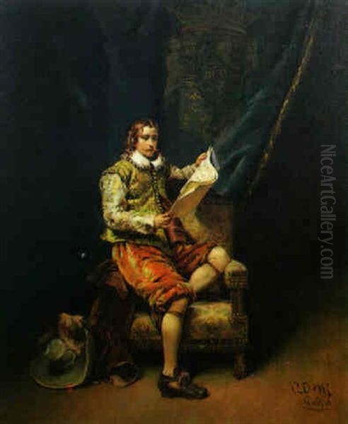 Chevalier Reading Music Oil Painting by Cesare Auguste Detti