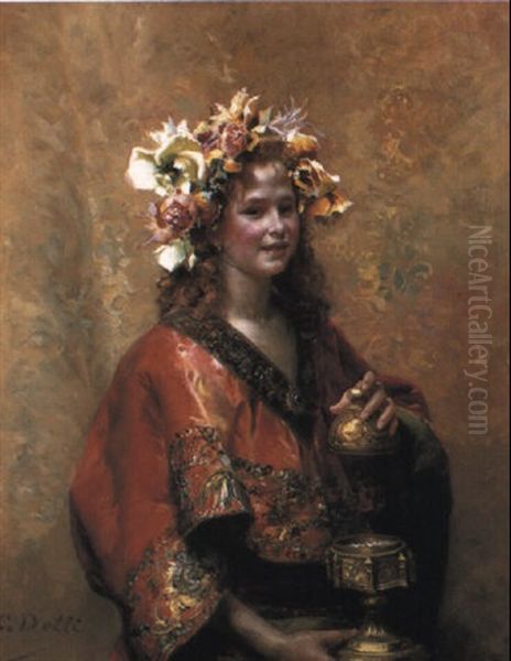 A Young Girl Holding A Chalice Oil Painting by Cesare Auguste Detti