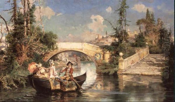 Elegant Company In A Boat by Cesare Auguste Detti