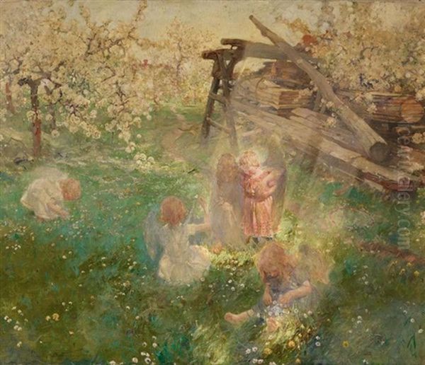 Spielende Kinder Als Engel Auf Einer Fruhlingswiese Oil Painting by Ludwig Julius Christian Dettmann